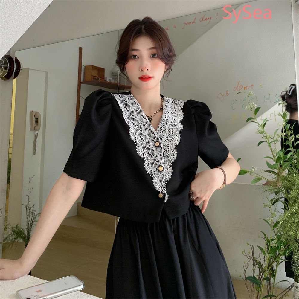 Áo Kiểu Tay Phồng Ngắn Cổ Chữ V Phối Ren Thời Trang Trẻ Trung Cho Nữ