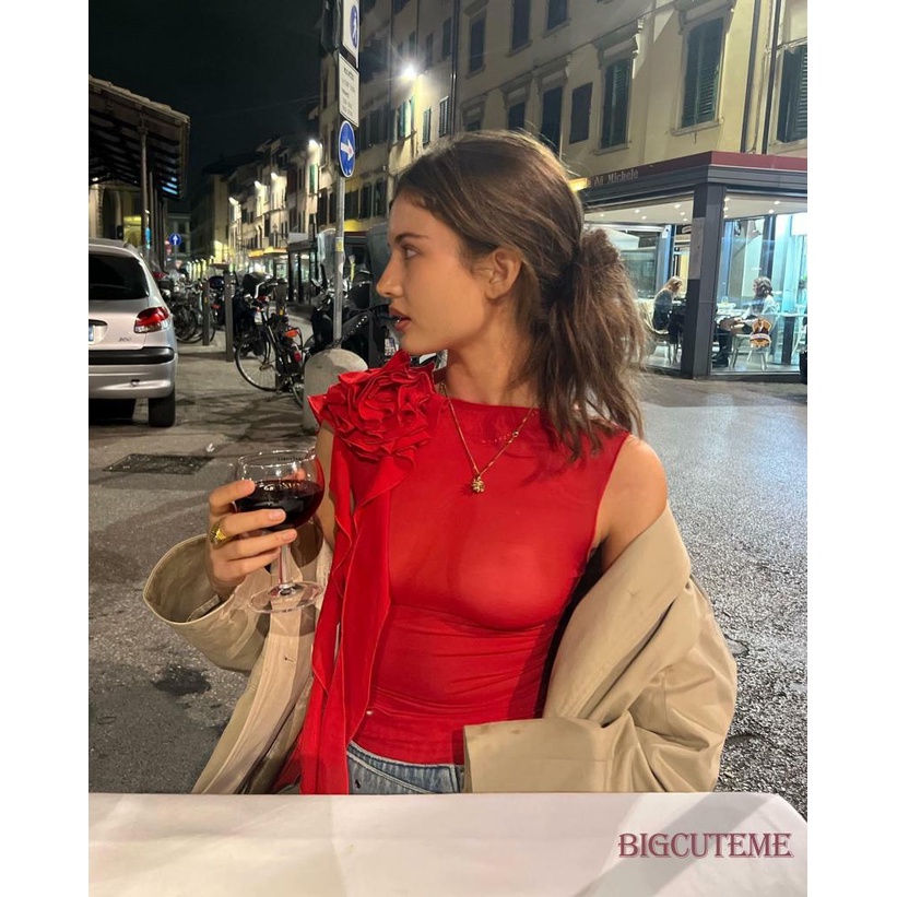 [] Áo Lưới Không Tay Cổ Tròn Màu Trơn 3D Thời Trang Màu Đen / Đỏ Dành Cho Nữ