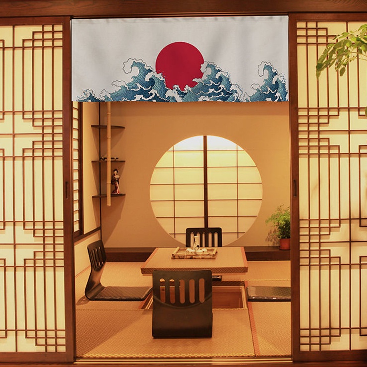 Rèm Cửa Ngắn Bằng Vải Họa Tiết Sóng Biển Phong Cách Nhật Bản Trang Trí Nhà Hàng Khách Sạn