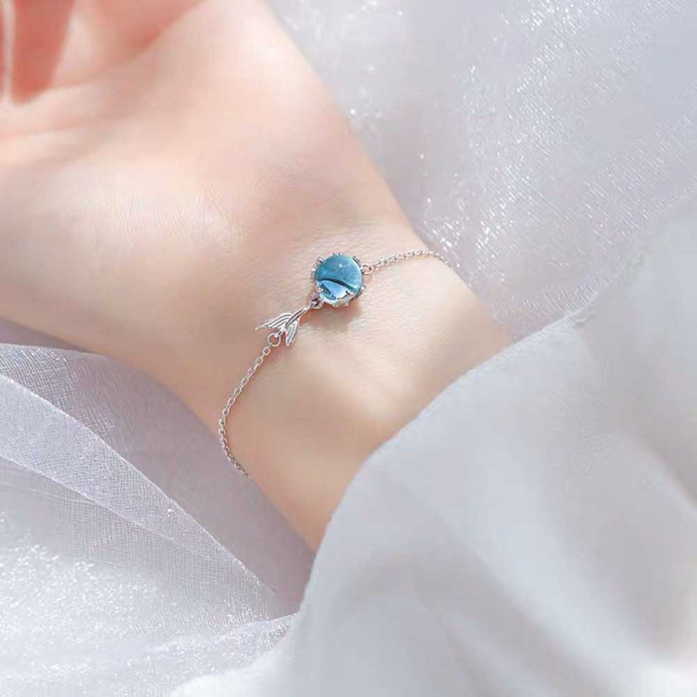 Bộ Trang Sức Vòng cổ / Vòng Tay / Khuyên Tai Bằng Thép Titan Đính Đá Zircon Đuôi Nàng Tiên Cá Màu Xanh Dương Đơn Giản