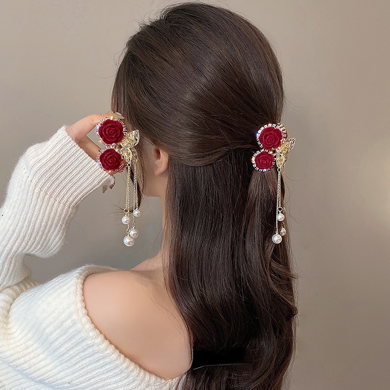 Kẹp Tóc Tua Rua Hình Hoa Hồng Đỏ Thời Trang