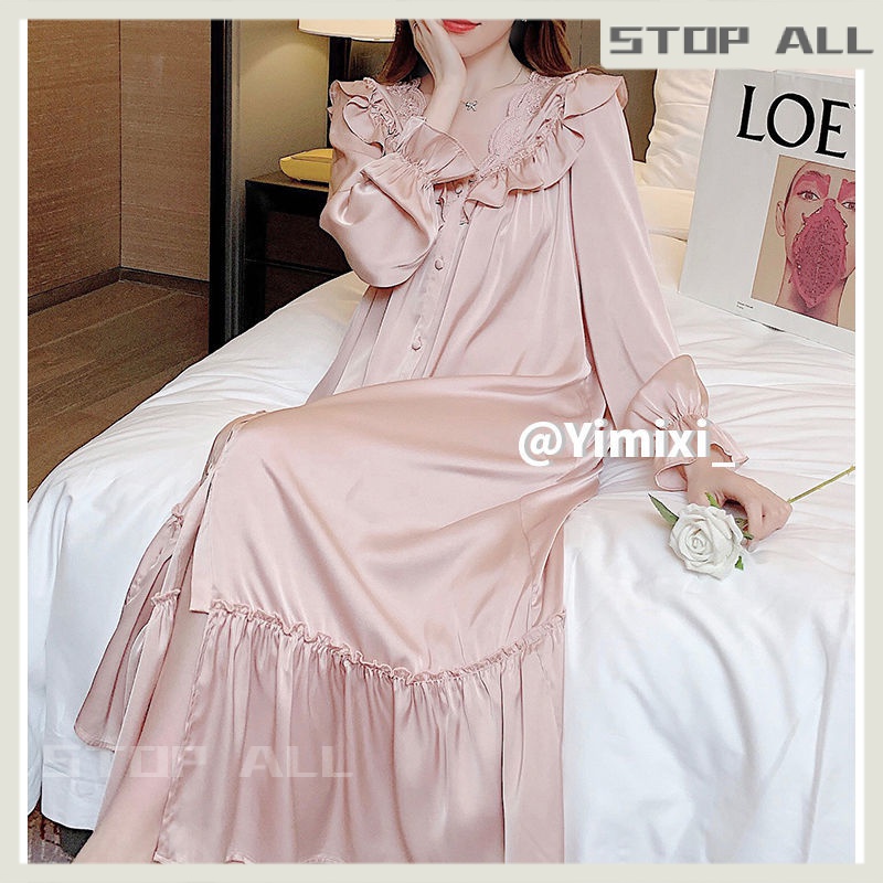 Đầm Ngủ Lụa Mỏng Tay Dài Phong Cách Nhật Bản Thời Trang Xuân Thu Cho Nữ