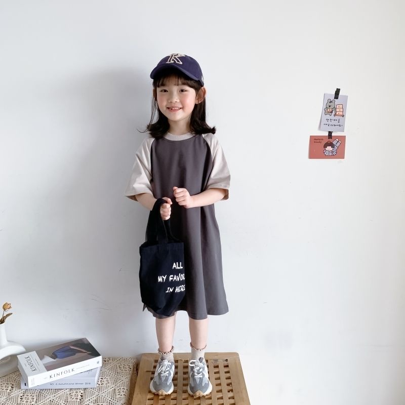 Đầm Cotton Tay Ngắn Màu Sắc Tương Phản In Chữ Nhật Hàn Thời Trang Mùa Hè Cho Mẹ Và Bé