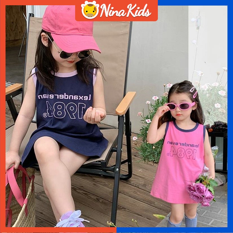 Đầm Thun Hai Dây Dáng Dài In Chữ Thời Trang Cho Bé Gái 1-6 Tuổi