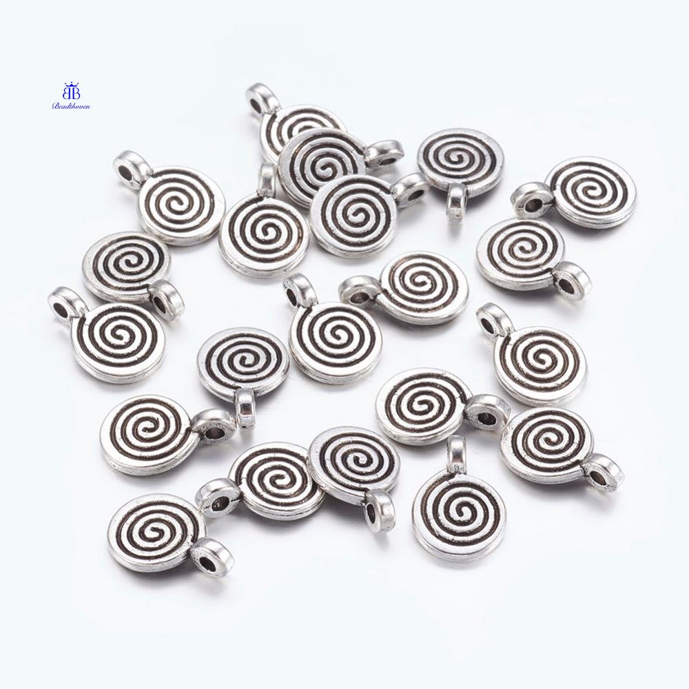 Set 100 Mặt Dây Chuyền Tròn Dẹt Bằng Hợp Kim Bạc 11.8x8x1.5mm: 1mm