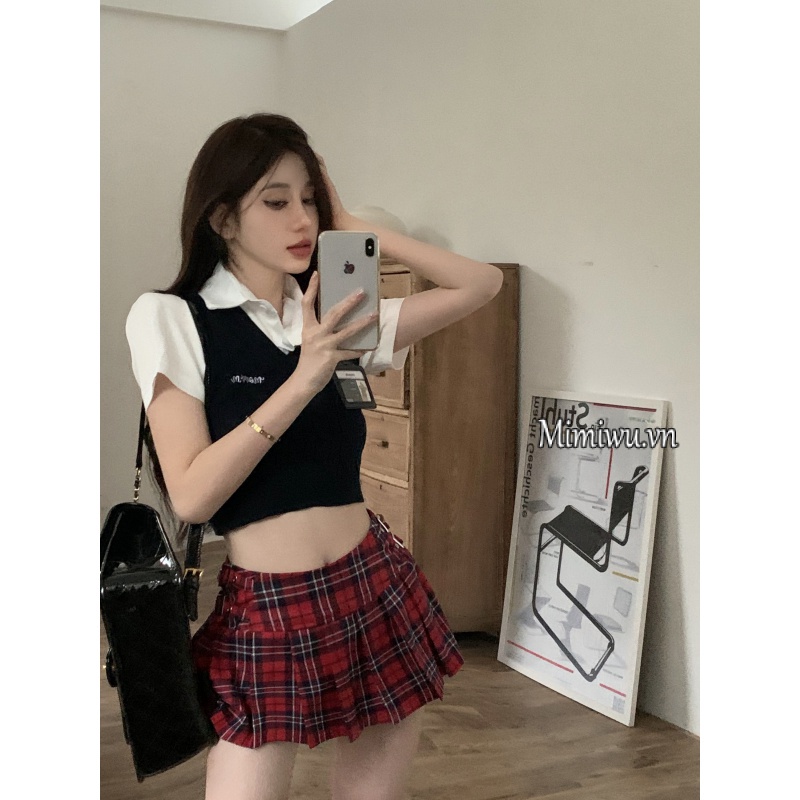 Bộ Đồng Phục Mỹ Gồm Áo Dệt Kim + Chân Váy Ngắn Lưng Cao Sọc Ca Rô (Đặt Hàng Đơn Giản)