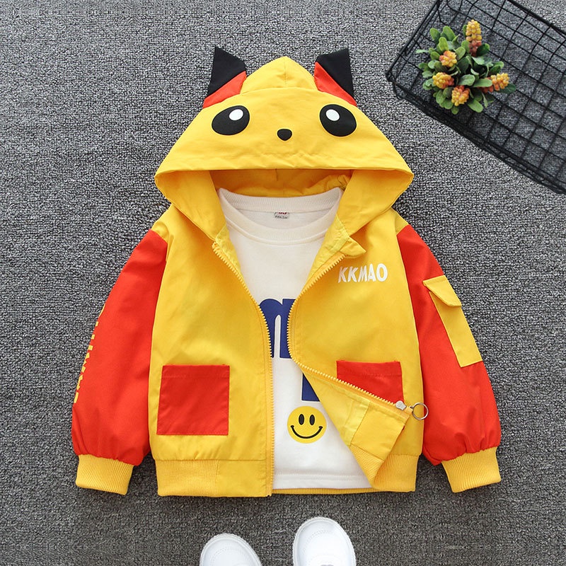 Áo Khoác Chống Gió Có Nón Và Khóa Kéo In Hình Pikachu Chống Nước Cho Bé