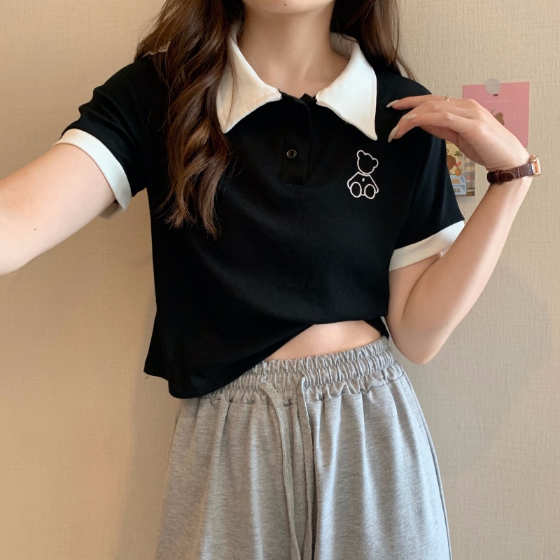 Áo polo Nữ Tay Ngắn Thêu Hình Gấu