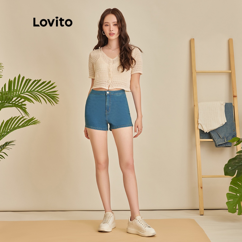 Áo LOVITO dệt kim cổ chữ V nút cài trước màu trơn phong cách boho dành cho nữ L45ED067 (màu mơ)