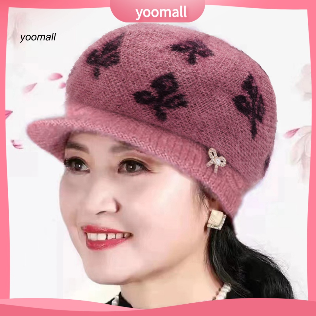 Yo / Mũ Dệt Kim Đính Nơ Ngọc Trai Giả Lót Lông Dày Dặn Co Giãn Chống Lạnh Giữ Ấm Mùa Đông Cho Phụ Nữ Trung Niên