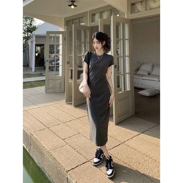 COZOK Đầm Tay Ngắn Cổ Tròn Phong Cách Hàn Quốc Thời Trang Cho Nữ
