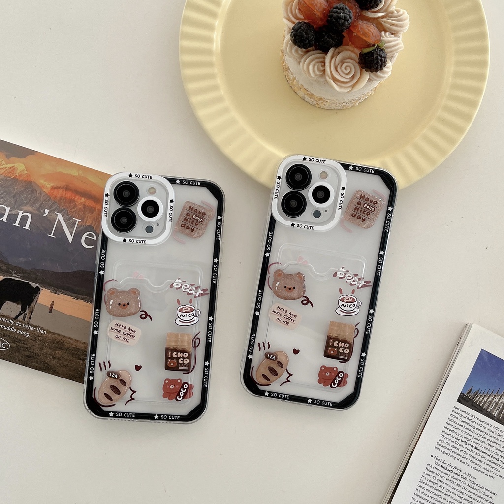 Ốp Điện Thoại Tpu Mềm Trong Suốt Hình Gấu Bông 3D Có Ngăn Đựng Thẻ Cho iPhone 14 13 12 11 Pro Max XS XR 7 8 Plus