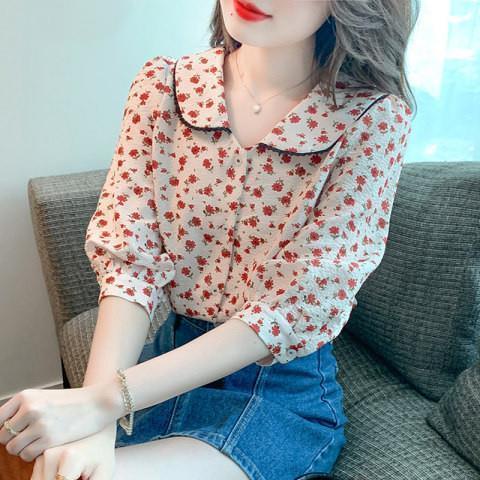 Áo Sơ Mi Chiffon Tay Lỡ Cổ Búp Bê Họa Tiết Hoa Phong Cách Mới Cho Nữ