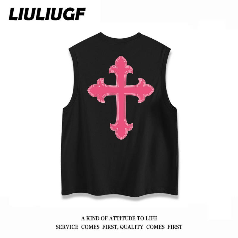 Áo thun sát nách họa tiết chữ thập phong cách thể thao vintage cho nam nữ thời trang hè