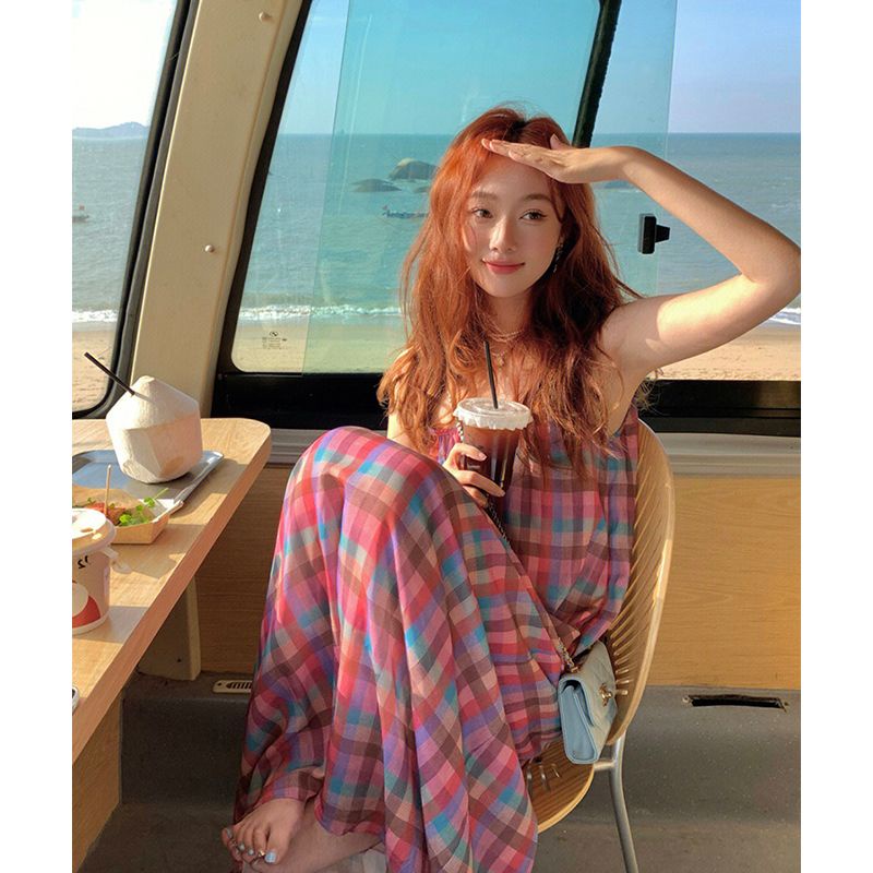 IMAODOU Đầm hai dây  midi dáng rộng kẻ sọc caro thời trang mới mùa hè 2023 cho nữ