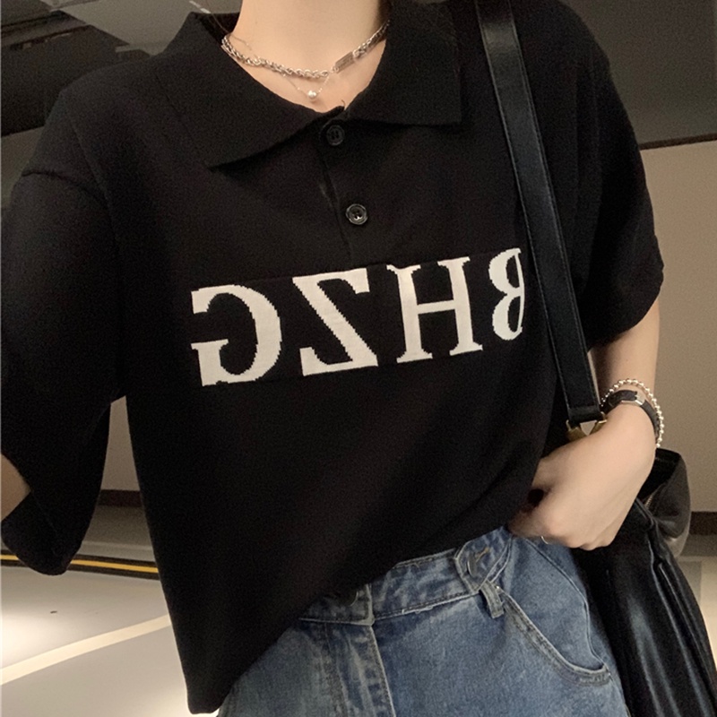 IELGY Áo polo Dệt Kim Tay Ngắn Dáng Rộng Thời Trang Cho Nữ