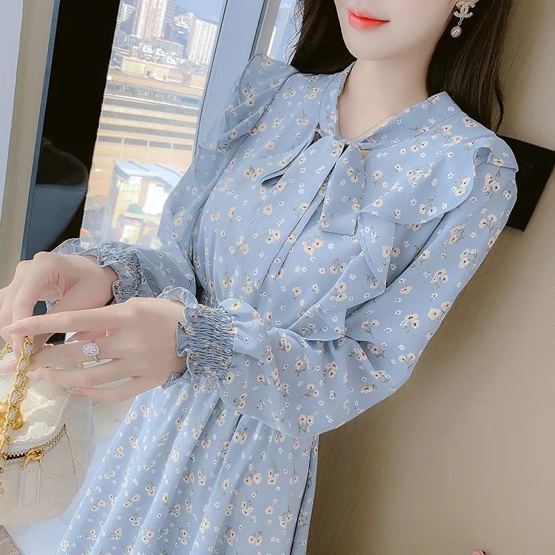 DIDIKA Đầm midi thắt nơ eo họa tiết hoa phong cách Hàn Quốc thời trang xuân thu cho nữ