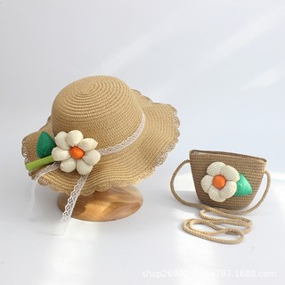 Set túi cói vai kèm nón cối đính hoa dễ thương cho bé gái
