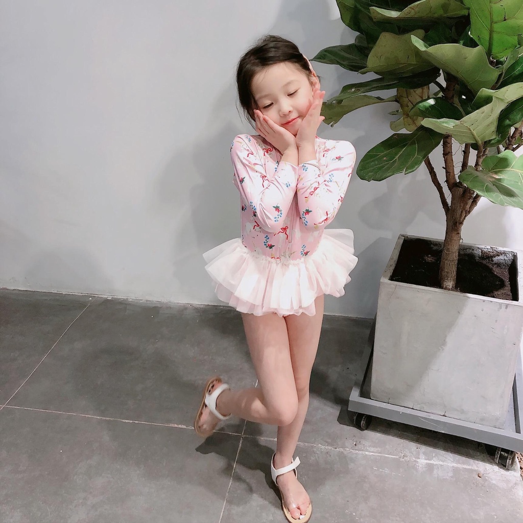 Đồ bơi trẻ em 1 mảnh dài tay ngựa hồng SG152 sz 90-140 , áo bơi phối voan liền quần siêu xinh cho bé gái