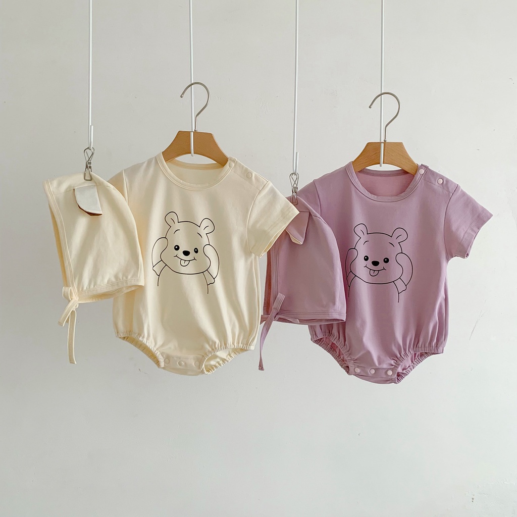Bộ Áo Liền Quần Tay Ngắn Kèm Nón In Họa Tiết Gấu Hoạt Hình Dễ Thương Thời Trang Mùa Hè Cho