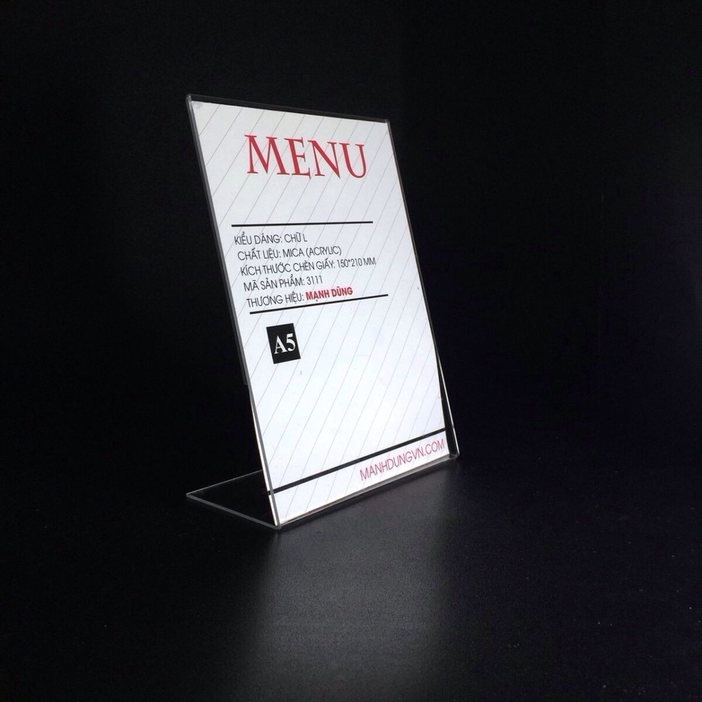 MENU MICA L, MICA ĐỂ BÀN, BẢNG GIÁ MICA, KỆ THÔNG TIN SẢN PHẨM mini để bàn, trong suốt, NHIỀU kích thước, sẵn giao ngay