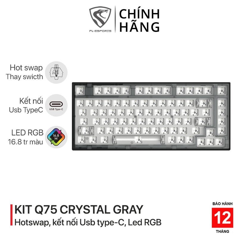 Bộ KIT bàn phím cơ chơi game có dây FL-Esports Q75 Crystal Grey RGB - Mạch xuôi - Sẵn foam - Kết nối Type-C