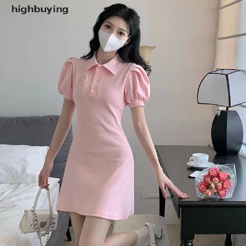 Hbvn Belle Đầm Mini Tay Ngắn Phồng Cài Nút Thời Trang Mùa Hè Hàn Quốc Cho Nữ
