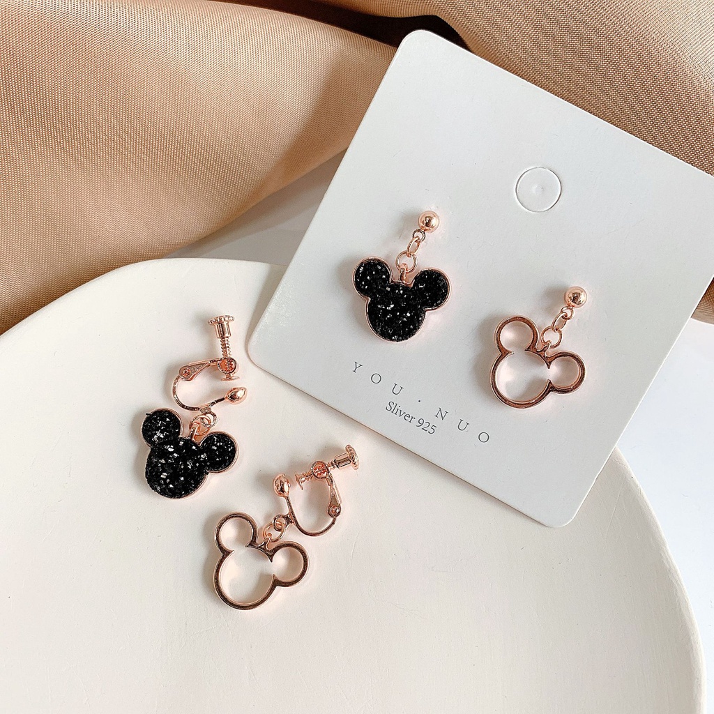 DISNEY Bông Tai Dáng Dài Hình Chuột Mickey Minnie Đính Kim Sa Đen Phong Cách Vintage Dành Cho Nữ
