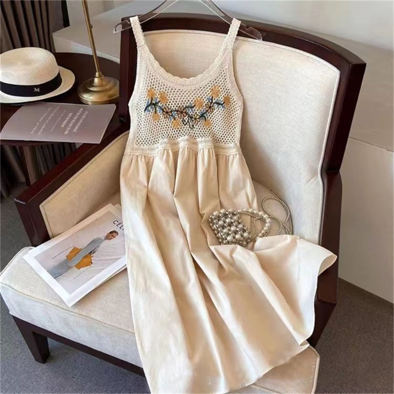 Đầm Cổ Tròn Họa Tiết Kẻ Sọc Thêu Hoa Phong Cách Bohemian Thời Trang Mùa Hè Cho Nữ