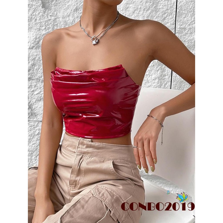 Áo Ống Cúp Ngực Bằng Da PU Màu Trơn Thời Trang Dành Cho Nữ