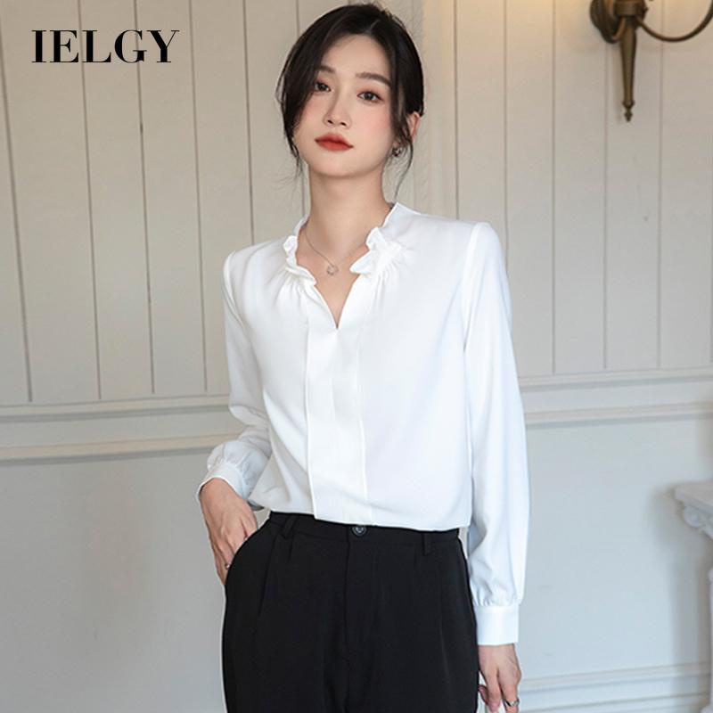 IELGY    Áo Sơ Mi Cổ Chữ v Viền Bèo Nhún Màu Trơn Phong Cách Pháp Thanh Lịch Cho Nữ