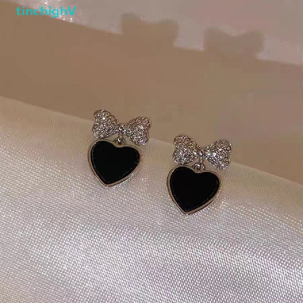 [TinchighV] Bông Tai Hình Trái Tim / Nơ Đính Đá Đen Dễ Thương Không Đối Xứng Cho Nữ [Mới]