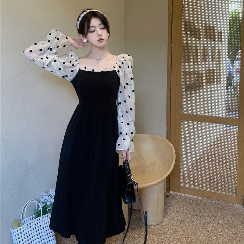 IELGY  Đầm Tay Dài Phối Lưới Dáng Ôm Phong Cách retro Pháp Thanh Lịch Dành Cho Nữ