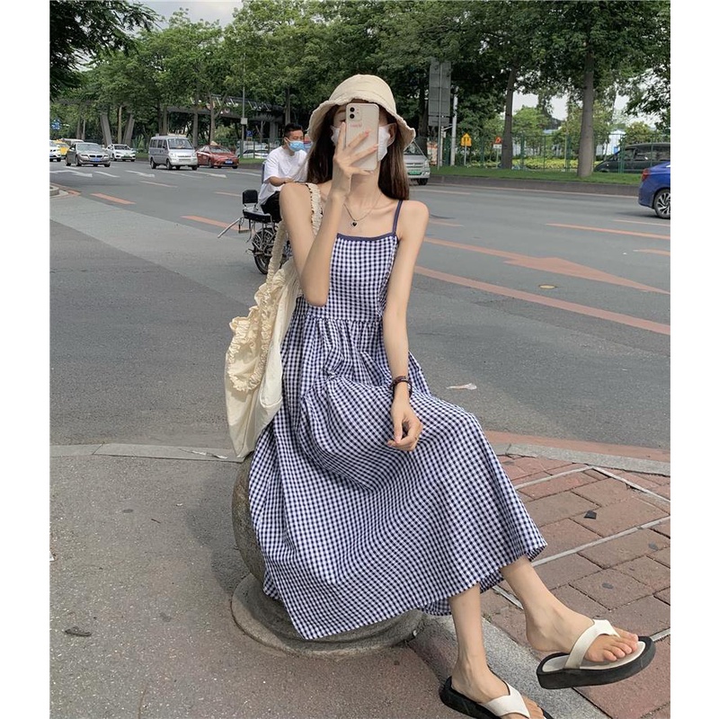 Đầm Hai Dây Họa Tiết Sọc Caro Thiết Kế Mới Thời Trang Mùa Hè Dành Cho Nữ