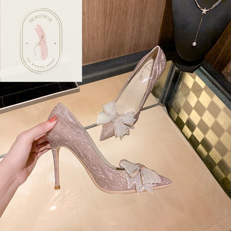 Giày Cao Gót Mũi Nhọn Đính Đá Pha Lê Thời Trang Mới 2023 Cho Nữ Giày Cao Gót Nơ Fairy Bow Knot Baotou Crystal High Heels