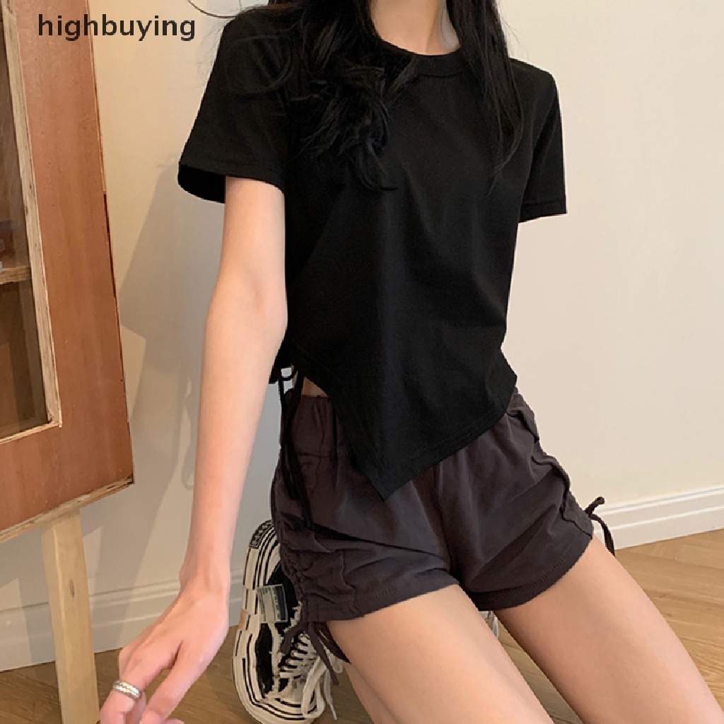Áo Thun Crop Top Tay Ngắn Cổ Tròn Màu Trơn Phối Dây Rút Thời Trang Mùa Hè Cho Nữ