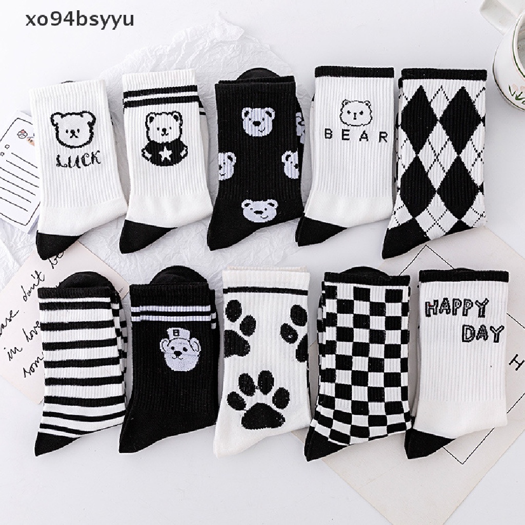 Vớ Cotton Cổ Cao Họa Tiết Hoạt Hình Màu Trắng Đen Thấm Hút Mồ Hôi Thoáng Khí xo94bsyyu
