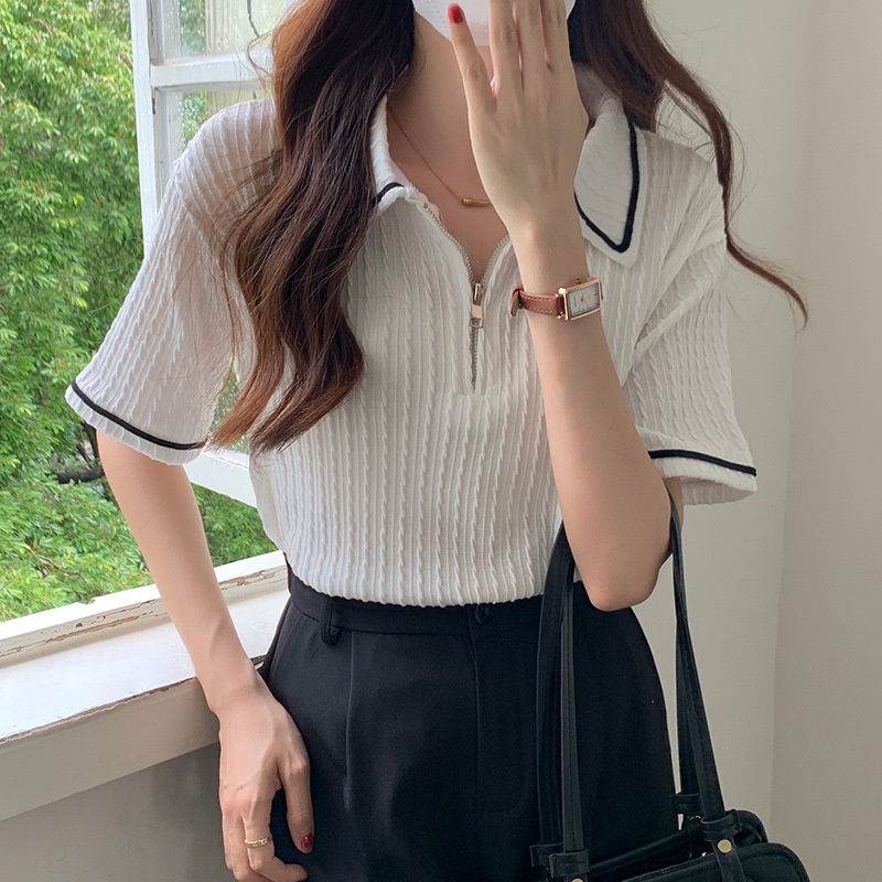 Áo thun jacquard ngắn tay kéo kéo thời trang phụ nữ