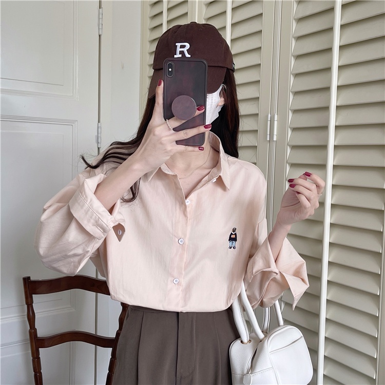 IELGY    Áo Thun Tay Dài Thêu Hình Gấu Thời Trang Dành Cho Nữ