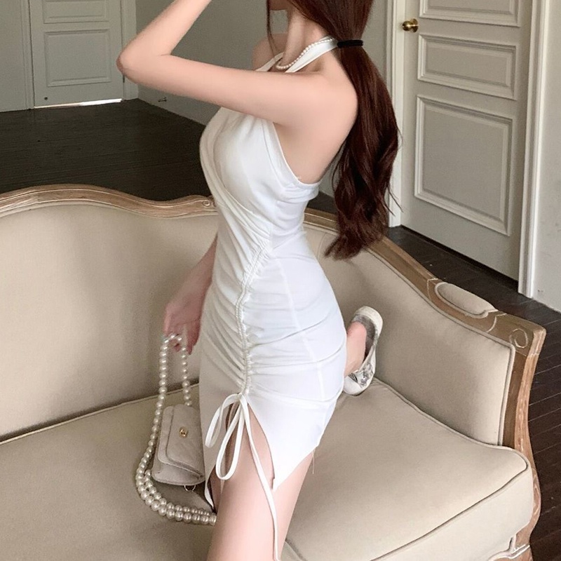 IELGY   Đầm Hai Dây Cổ Chữ v Xẻ Tà Ôm Dáng Thời Trang Cho Nữ