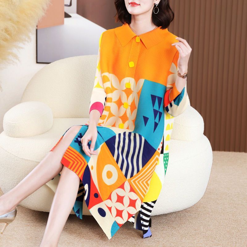 Đầm Sơ Mi In Họa Tiết Xếp Ly Cỡ Lớn Thời Trang Mùa Xuân 2023 Mới Cho Nữ Trung Niên