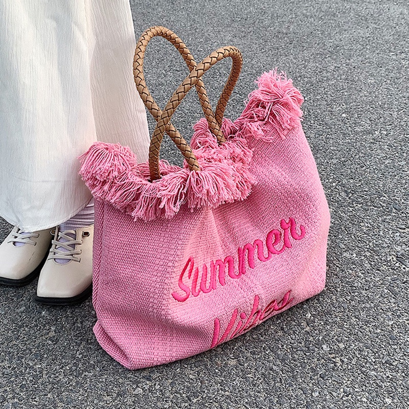 Túi Đeo Vai Bằng Vải canvas Cỡ Lớn In Họa Tiết Màu Hồng Dễ Phối Đồ Thời Trang Cho Nữ