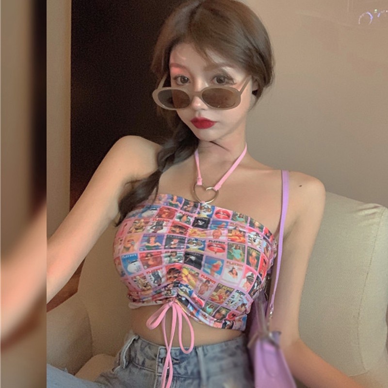 Áo Croptop Hai Dây Dáng Ôm In Họa Tiết Phong Cách Hàn Quốc Quyến Rũ Cho Nữ