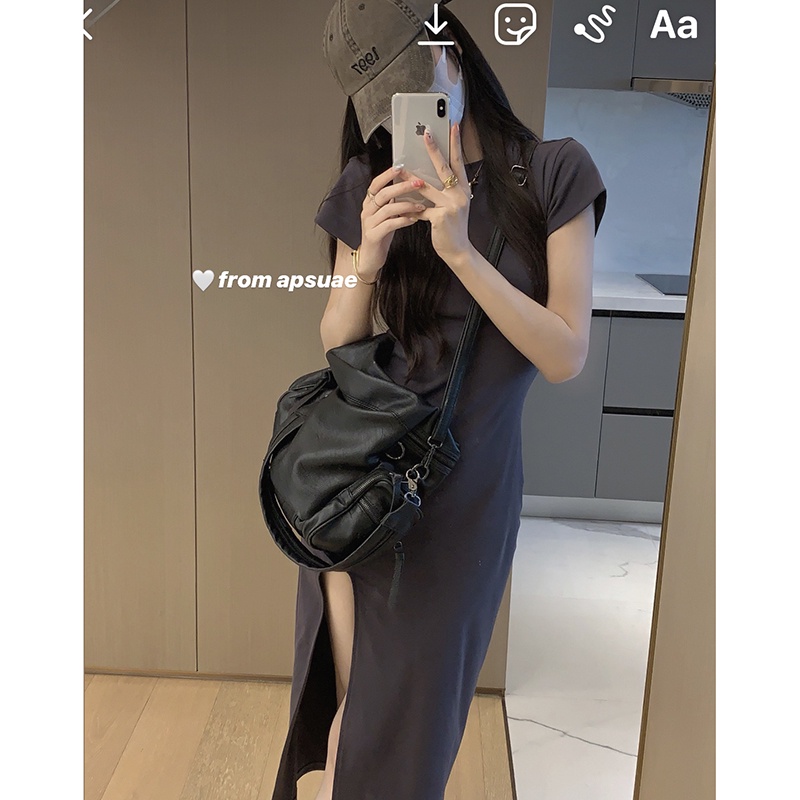 SUXI Đầm Dài Qua Gối Tay Ngắn Màu Trơn Dáng Ôm Thời Trang Mùa Hè Xinh Xắn Cho Nữ