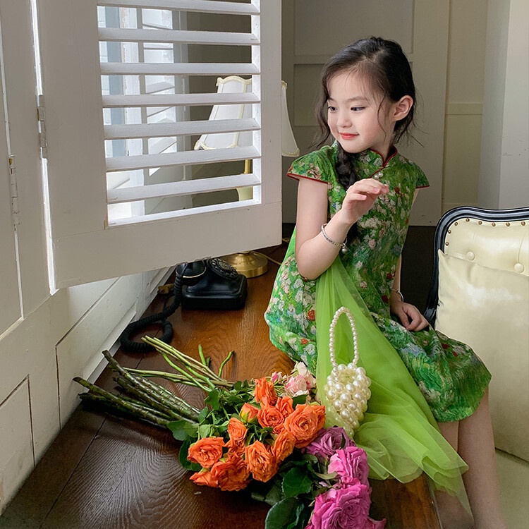 Đầm Sườn Xám Màu Xanh Lá Thời Trang Mùa Hè Mới Cho Bé Gái