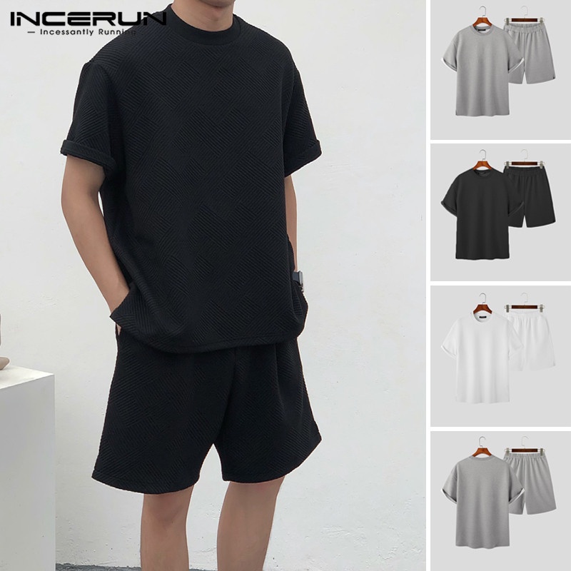Set đồ INCERUN gồm áo tay ngắn dáng rộng và quần short kiểu dáng đơn giản năng động thời trang