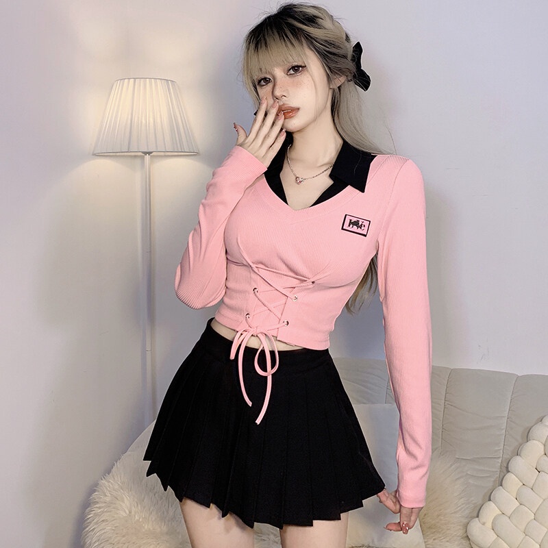 Kliou Áo Dệt Kim Tay Dài Phối Dây Rút Màu Hồng Dễ Thương Thời Trang 2023 Dành Cho Bạn Nữ