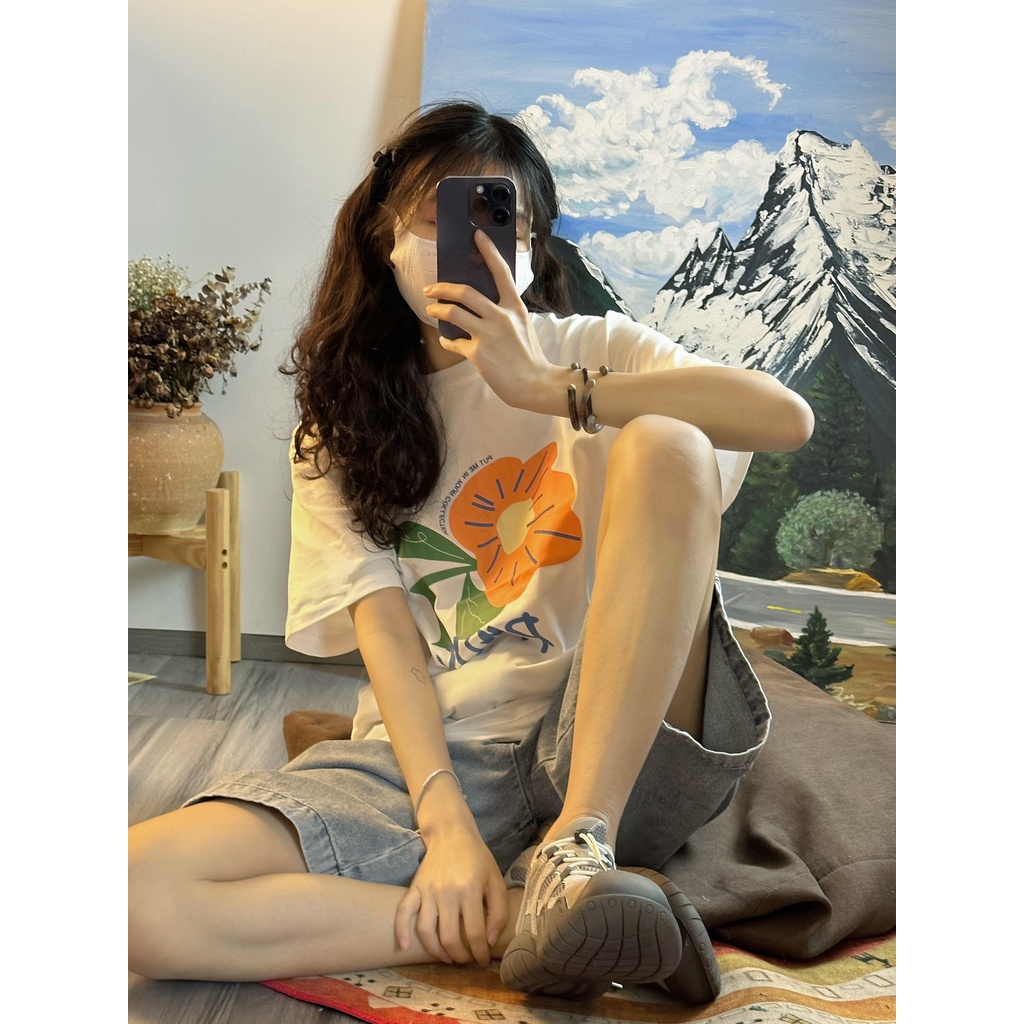 Áo Thun 100% cotton Màu Trắng Dáng Rộng In Họa Tiết Xinh Xắn Thời Trang Mùa Hè Cho Nữ 5101