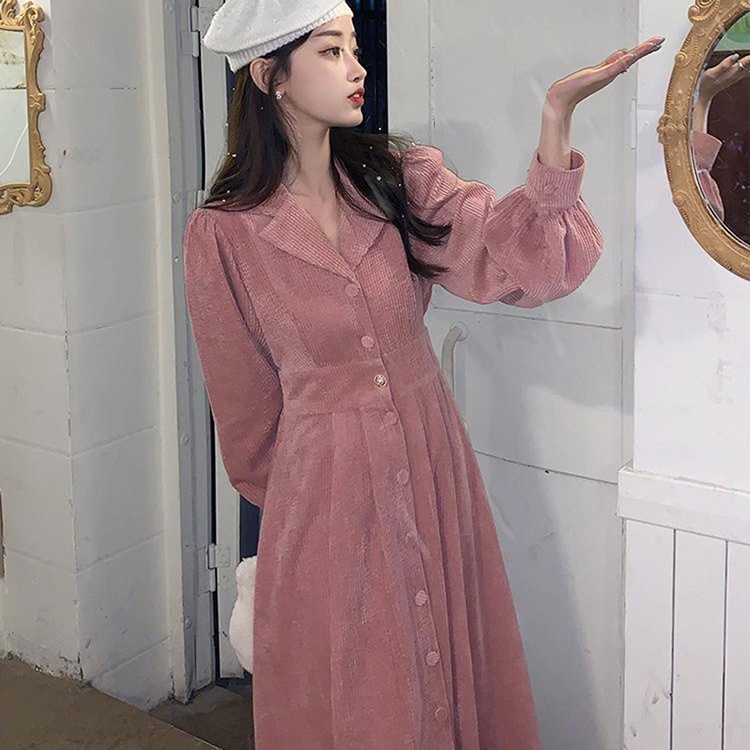 IELGY  Đầm Lửng Vừa Vải Nhung Kẻ Cổ Vest Thiết Kế Ngọt Ngào Phong Cách Pháp Cho Nữ