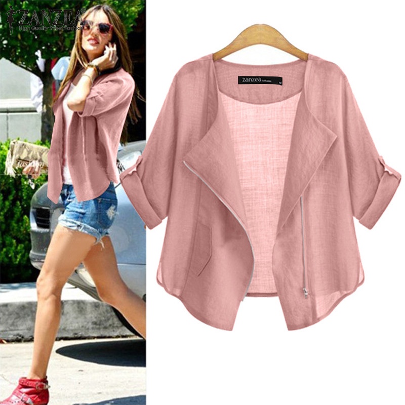 Áo khoác cardigan ZANZEA ngắn tay cổ thuyền phối khóa kéo thời trang đường phố cho nữ